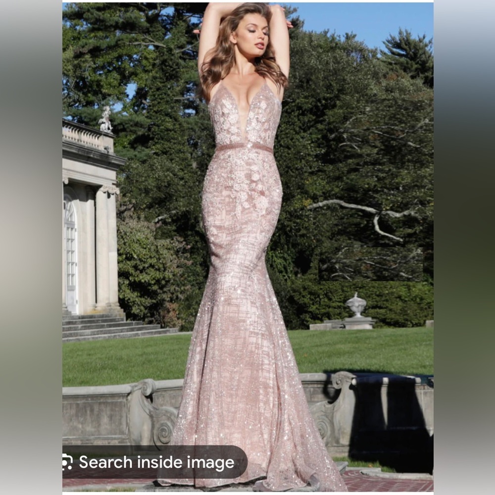 Jovani deep v embellished embroidered rose gold gown worn once